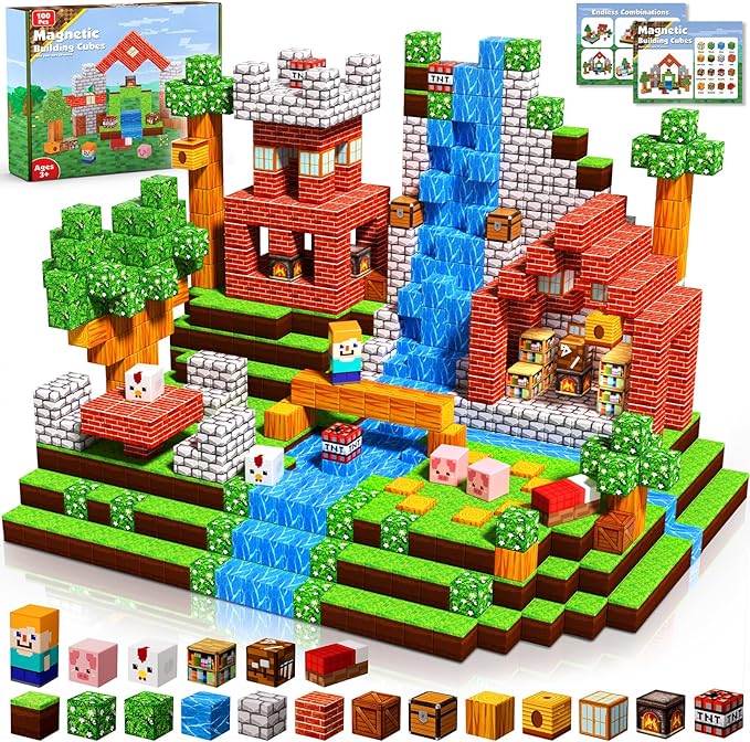 Magnetic Blocks-100PCS Grassland Building Blocks Set, Kids Classroom Sensory Toy, STEM Learning, Construction Stacking Toy for Kids 3+ Boys & Girls