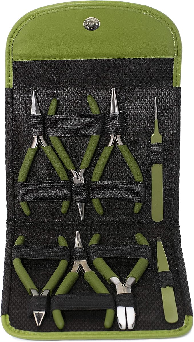 The Beadsmith Fashion Color Pliers – Set of 8 Slimline Color-Coordinated Tools – Matching Clutch in Olive – Jewelry Making Supply Kit to Create Necklaces, Bracelets, Earrings & More