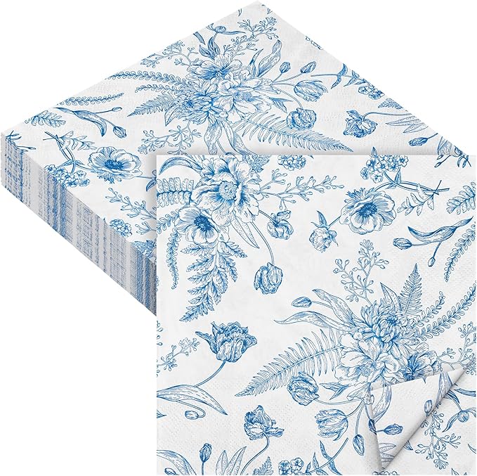 Aodaer 48 Pieces Floral Paper Napkins Disposable Blue Floral Napkins Blue and White Cocktail Dinner Napkin Set 13" x 13" Unfolded Decoupage Tableware Napkins for Garden Party Supplies