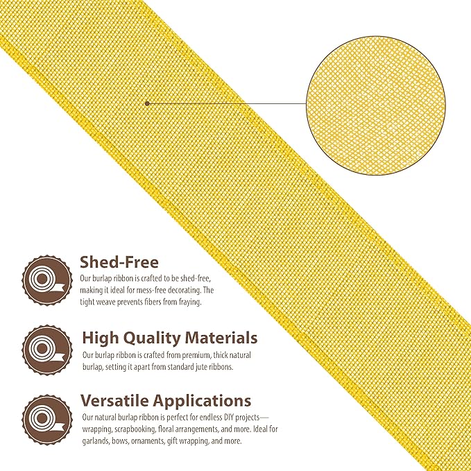 Mandala Crafts Yellow Burlap Ribbon 2 Inches Wide Jute Ribbons for Crafts - 20 Yds Roll Rustic Burlap Wrap Trim Ribbons for Wreaths Bows Wedding Party Decoration