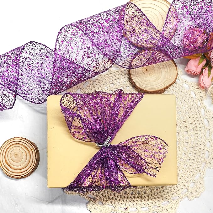 CT CRAFT LLC Sparkling Glitter Mesh Wired Ribbon 6" x 10 Yards Purple for Christmas Home Decor Bow Gift Wrapping DIY Crafts Wreath