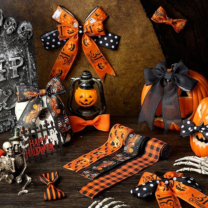 12 Rolls Halloween Wired Edge Ribbon for Wreaths 2 Inch x 60 Yards Bat Spider Web Pumpkin Print Ribbon Ghost Witch Hat Crafts for Halloween Party Decorative Supplies, 12 Styles