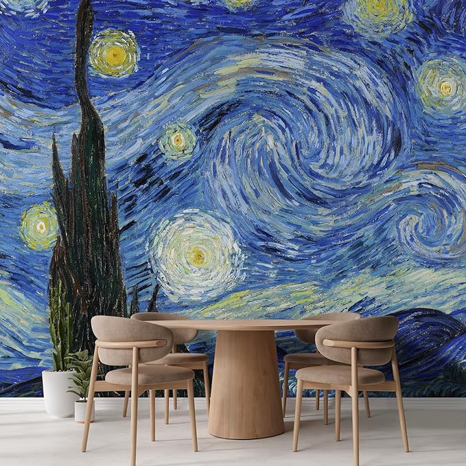 wall26 Wall Sticker/Wall Mural Starry Night by Vincent Van Gogh Dutch Impressionism, Not Peel and Stick, Non-Woven Wallpaper Decorative for Bedroom, Living Room, Office - 120x144 inches