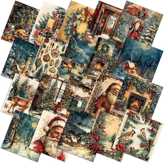 Ganeen 60 Pcs 10 x 10 Inch Vintage Christmas Quilting Fabric Squares Nutcracker Santa Claus Fabric Bundle Retro Reindeer Fat Patchwork Precut Stripe for Winter Xmas Handmade Material Sewing DIY Craft