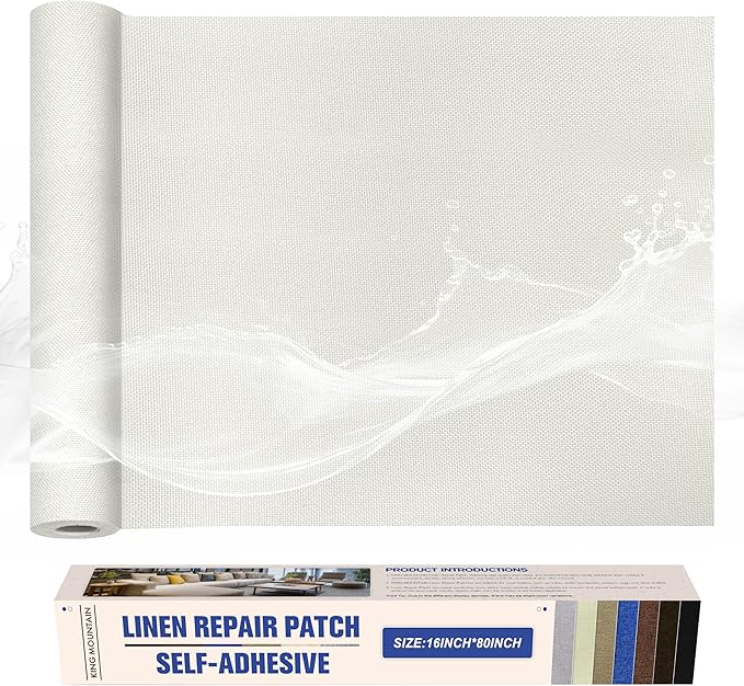 KING MOUNTAIN Linen Repair Patches, Self-Adhesive Linen Fabric Patches, 16X80 inch Extra Size, Multi Color, Can be Used for Linen Sofa Repair and Linen Clothes Repair (White)