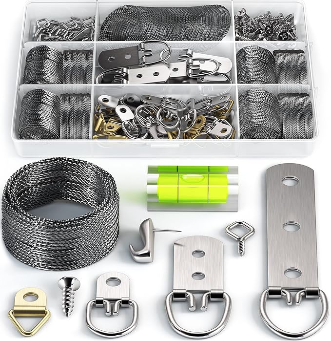 Picture Wire Hanging Kit 100+ Pieces - D-Ring, Screws, Hanging Hooks,Level. Supports up to 50 lbs 120+ Feet(38 M) Stainless Steel Wire Hanger | Comes with Solid Box