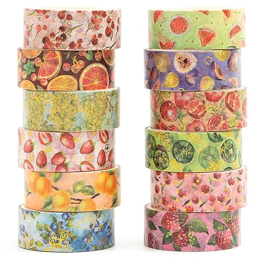 12 Rolls Charming Washi Tape Set Gold Silver Foil Detailing Arts Adhesive Tapes Basic Patterns Decorative Masking Tape Sets for Craft, Kids, Scrapbook, DIY, Gift Wrapping (Fruits Feast)