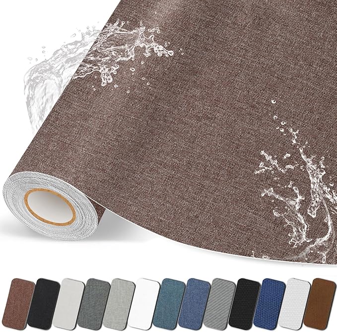 Fabric Repair Patches, 17X79 inch Linen Self-Adhesive Fabric Repair Tape, Strong Sticky Linen Patch for Sofas, Tote Bags, Clothing, Car Seats, Furniture（Brown, 17X79 inch）