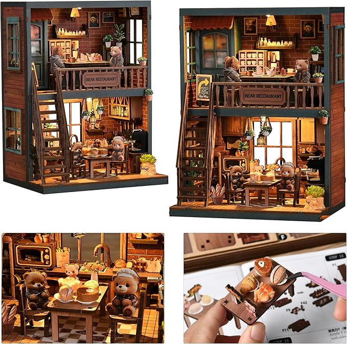 ISSEVE Book Nook Kit - DIY Miniature House Kit for Adults, Teens and Beginners, Dollhouse Booknook Craft Tiny House Bookshelf Decor 3D Wooden Puzzle, Gifts for Friends Family (Bear Restaurant)