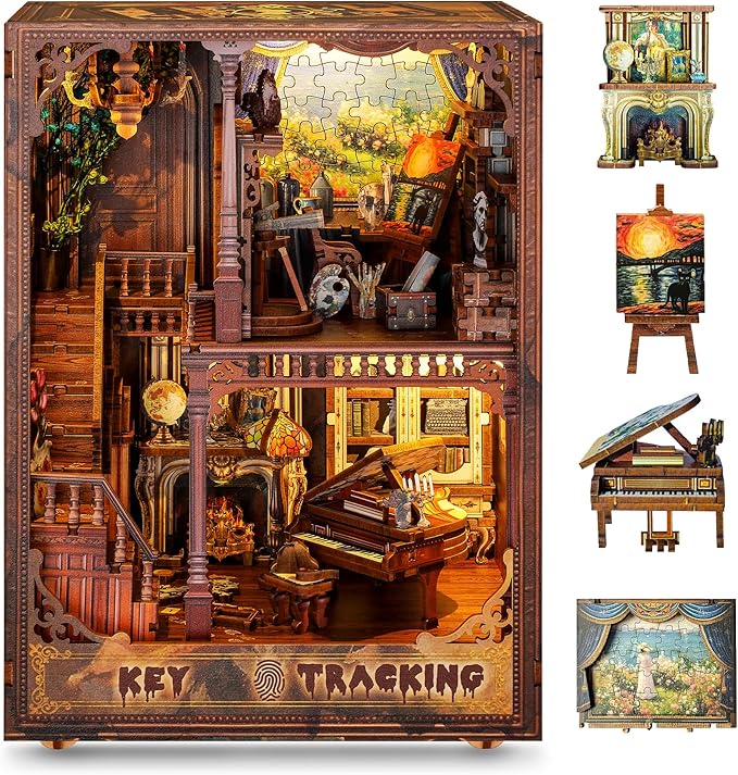 3D Wooden Puzzle Book Nook Kit with LED Light, DIY Miniature Bookshelf Insert Décor for Display, Unique Craft Gift for Adults and Teens (Key Tracking)