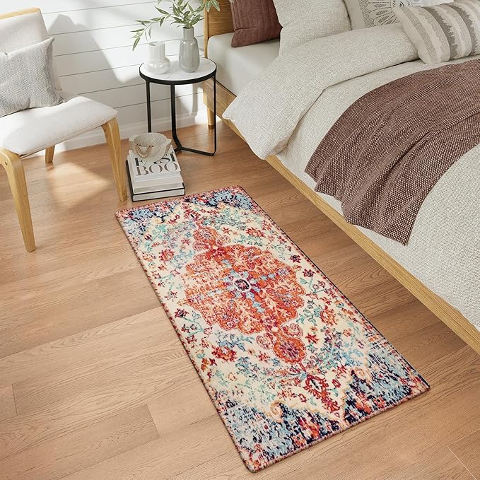 Lahome Bohemian Floral Medallion Runner Rug - 2x4 Washable Laundry Room Hallyway Runner Rug Doormat,Oriental Distressed Faux Wool Non-Slip Bath Mat Low-Pile Carpet for Kitchen Bathroom Entryway,Orange