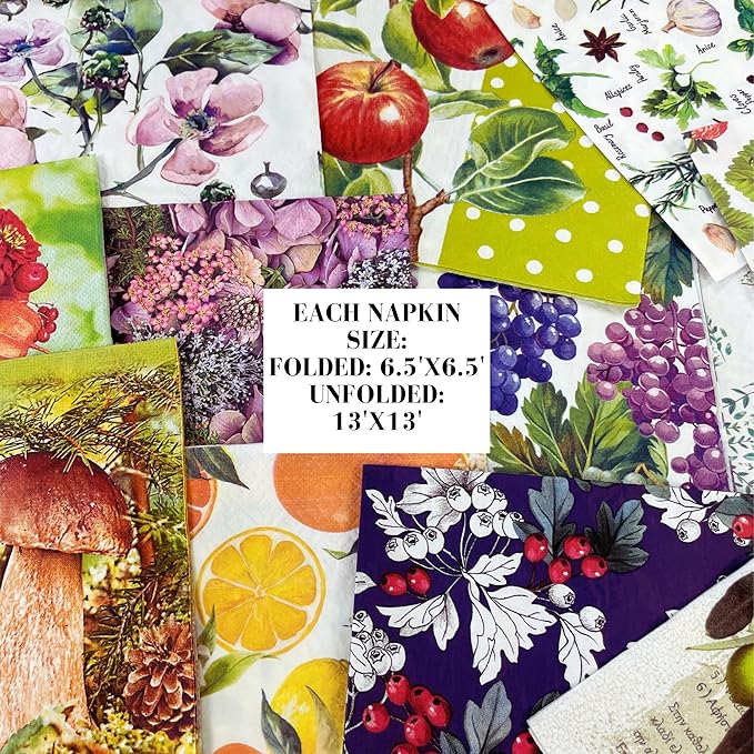 Keep Unique Mystery Pack Decoupage Paper Napkins, 20-ct Assorted Surprise Napkins, Decorative Napkins Botanical for Art Craft Junk Journal, 20 Different Designs
