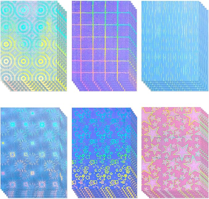36 Sheets Holographic Sticker Paper Clear A4 Vinyl Sticker Paper Self Adhesive Waterproof Transparent Film Gem Rainbow Star Patterns, 11.7 x 8.3 Inch (Line,Lattice,Firework,Gear,Flower,Pentagram)