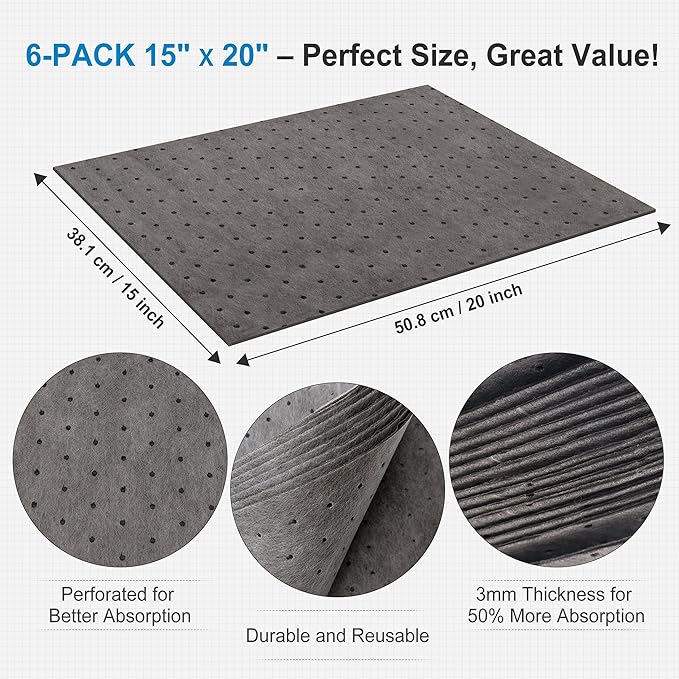 AAwipes Oil Absorbent Pads Universal for All Liquids Oil Spill Control Oil Absorbing Sheets for Garage Grey 100 Pack 15" X 20" OG1520-100