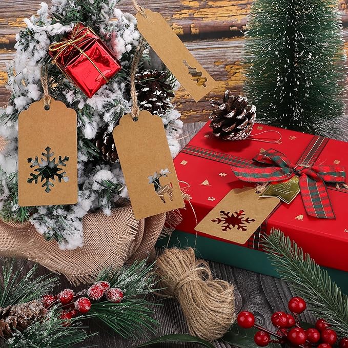 Aneco 150 Pieces Christmas Paper Gift Tags Brown Kraft Tags Hang Labels Christmas Tree Snowflake Reindeer Design with 30 Meters Jute Twine for Christmas DIY Wrapping Favor Holiday Present