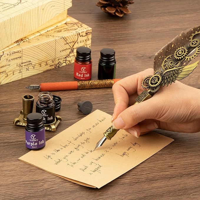 Feather Pen and Ink Set Calligraphy Kit for Beginners with Quill Pen, Antique Vintage Stationary Set for Writing, Signing & Hand Lettering Art