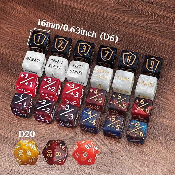 63 Pieces MTG Dice Counters Bulk Ability Keywords MTG Tokens Shield Life Counter 6 Sided Dice Set for MTG,TCG,Cards Gaming Accessories