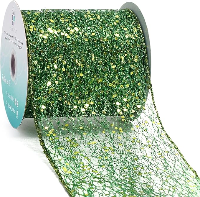 CT CRAFT LLC Sparkling Glitter Mesh Wired Ribbon 4" x 10 Yards Green for Christmas Home Decor Bow Gift Wrapping DIY Crafts Wreath