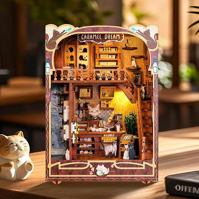 3D Wood Puzzle Book Nook Kit, Caramel Dream Cat Café Bookshelf Insert with LED Lights, DIY Miniature Bookend Décor for Display, Cozy Craft Gift for Cat Lovers and Teens (Caramel Dream)