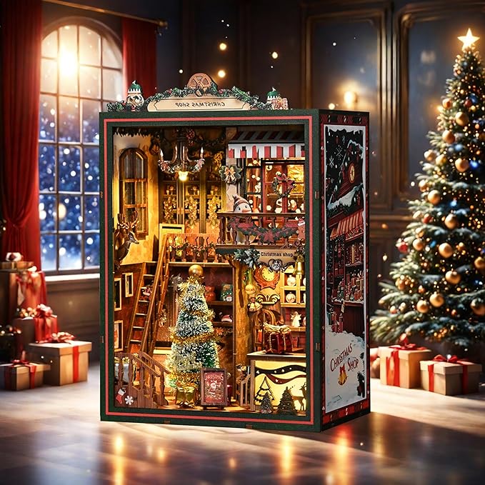 ISSEVE Book Nook Kit - DIY Miniature House Kit for Adults Teens Beginners, Christmas Dollhouse Booknook with Music Mechanism Tiny House Bookshelf Decoration 3D Wooden Puzzles (Christmas Shop)