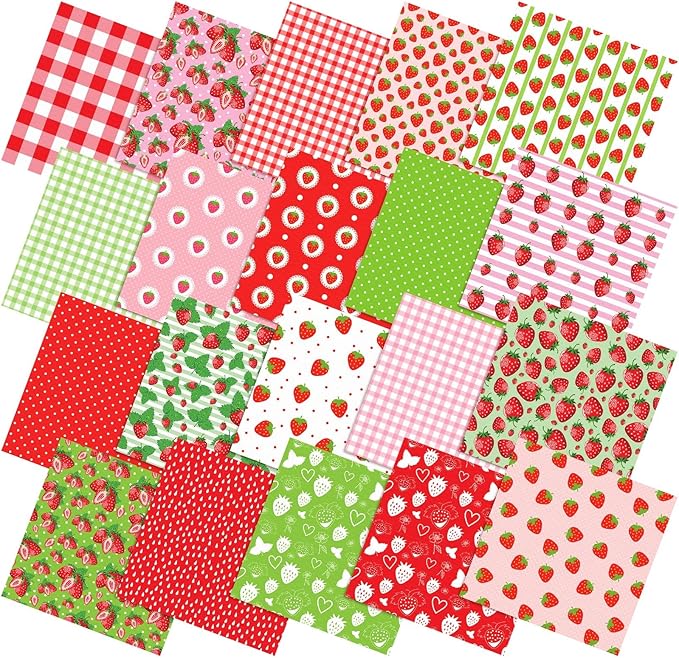 Ganeen 60 Pcs 10 x 10 Inch Strawberry Quilting Fabric Squares Multicolor Strawberry Printed Fabric Bundles Summer Fat Patchwork Precut Stripes for Summer Holiday Handmade Material Sewing DIY Crafts