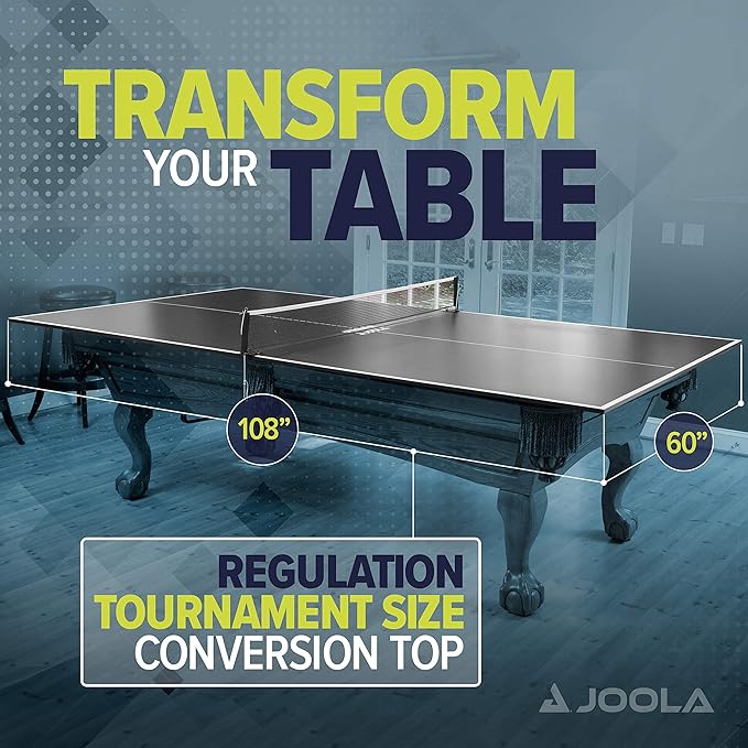 JOOLA Ping Pong Conversion Top with Net Set for Billiard and Pool Tables - Regulation Top Converts Billiards into Ping Pong Table - Includes Foam Padding for Protection - Steel Frame Option