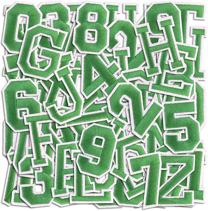 Letter and Number Iron On Patches, A-Z Alphabet and Numbers 0-9 Embroidery Applique Patch, DIY Decorative Heat Press Patches for Clothing Jeans Jackets Backpacks Hats (Green 72 Pcs)