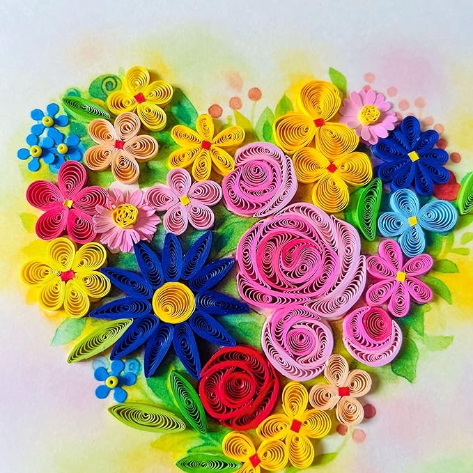 Quilling Cards, handmade card, quilled cards with Handmade Art Quilling birthday card for women, Birthday card, mother... colorful heart design (Flowers Heart 2)