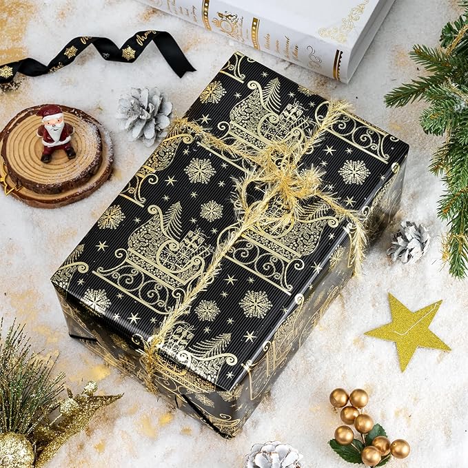 WRAPAHOLIC 30 Inch Christmas Wrapping Paper Roll - Jumbo Roll Black Gold Christmas Sleigh Holiday Design with Metallic Foil Shine - 4 Rolls - 30 Inch x 120 Inch Per Roll
