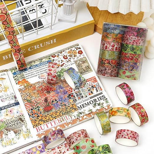 12 Rolls Charming Washi Tape Set Gold Silver Foil Detailing Arts Adhesive Tapes Basic Patterns Decorative Masking Tape Sets for Craft, Kids, Scrapbook, DIY, Gift Wrapping (Fruits Feast)
