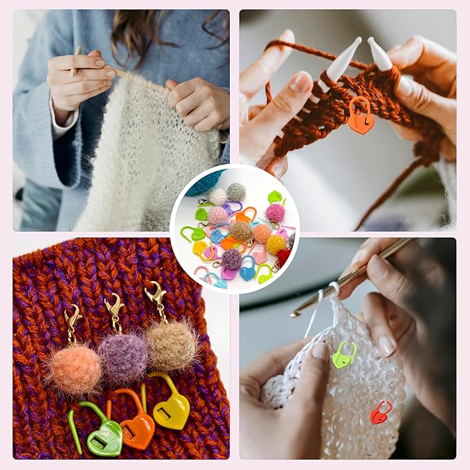 10 Pcs Cute Wool Ball Stitch Markers for Crocheting with Alloy Lobster Clasps & 20 Pcs Heart-Shaped Knitting Markers,for Knitting & Crochet Supplies,Suitable for Various Yarn thicknesses.