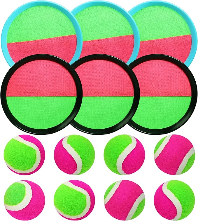 Toss and Catch Ball Game Set with 6 Paddles 8 Balls, Outdoor Beach Toys for Kids and Family, Great Gift Idea