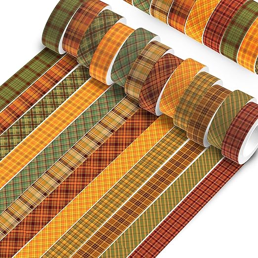12 Pcs Thanksgiving Washi Tape Plaid Pattern Masking Tape Decorations Thanksgiving Decorative Paper Sticker for Vintage Journals, Planners, DIY Craft Gift Wrapping