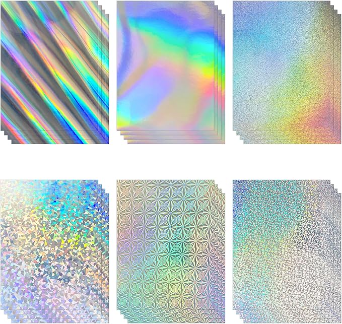 24 Sheets Holographic Cardstock 8.5 x 11in, 250gsm/92lb 6 Mixed Styles Metallic Cardstock Shiny Iridescent Mirror Paper Thick Foil Board for Scrapbook,Card Making,Crafts,Party Decoration (Laser Color)