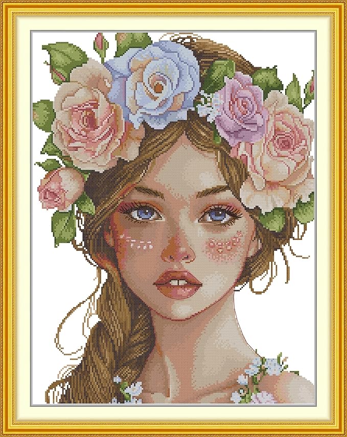 Threadhaven Cross-Stitch Kit 14CT Aida Counted Embroidery Complete Set with Fabric, Threads-Premium Beautiful Girls Design for Adults & Beginners- The Girl with The Wreath 16.1''×20''
