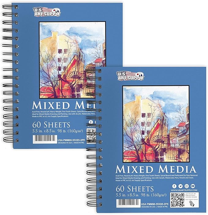 U.S. Art Supply 5.5"x8.5" Mixed Media Sketchbook, 2 Pack (60 Sheets), 98 lb (160 GSM) - Spiral-Bound Pad with Perforated Acid-Free Paper - Artist Sketch Book for Drawing, Painting, Watercolor