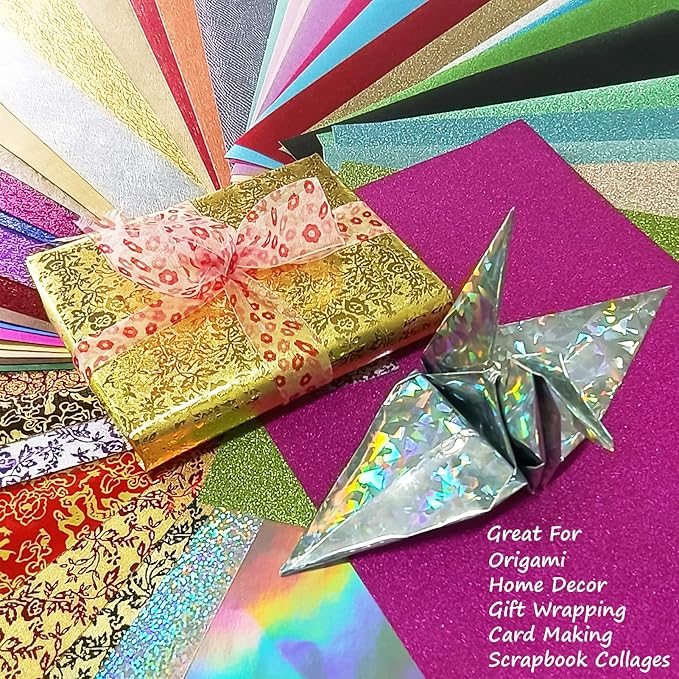 A4 Glitter Embossed Metallic Foil Paper Pack - 50 Sheets Assorted Colors & Designs Sparkly Holographic Premium Construction Paper for Gift Box Wrapping Birthday Party Scrapbook Paper