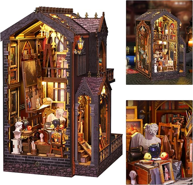 ISSEVE Book Nook Kit - DIY Miniature Dollhouse Booknook for Adults Teen, 3D Wooden Puzzle Tiny House Kit Bookshelf Decor, Gifts for Men Women Halloween Christmas Birthday (Art Studio)
