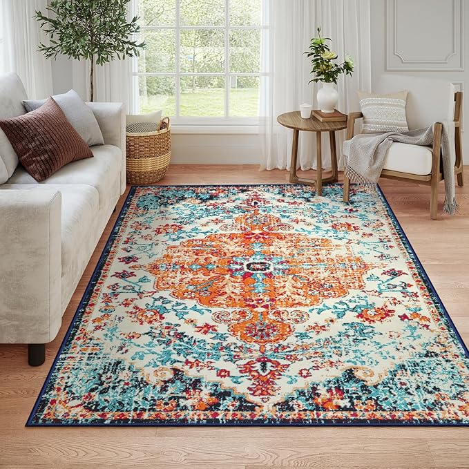 Lahome Orange 6x9 Area Rugs Boho Washable Area Rug for Bedroom,Large Area Rugs for Living Room Dining Room,Bohemian Vintage Non Slip Low Pile Indoor Accent Carpet for Home Office(6x9ft,Orange)