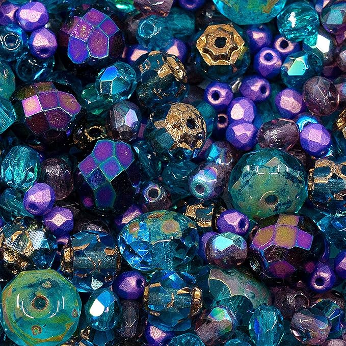 0.88oz of Blue Purple Mix of Czech Faceted Fire Polished Beads (Round, Catherdal, Rondelle)