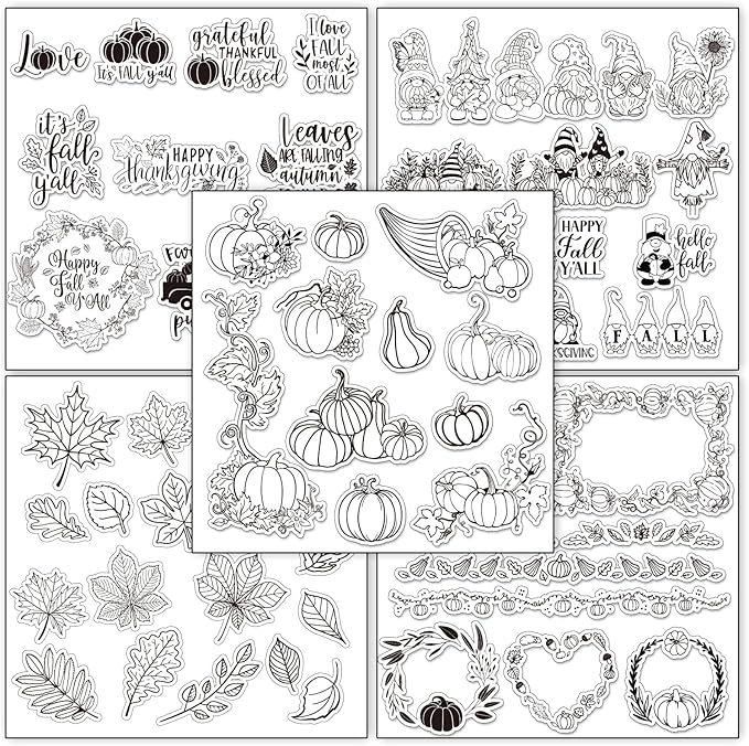 Whaline 5 Sheet Fall Thanksgiving Clear Stamps Autumn Leaves Pumpkin Gnome Silicone Transparent Stamps Happy Fall Border Stamp Cards for DIY Craft Card Making Scrapbooking Embossing Album Decor