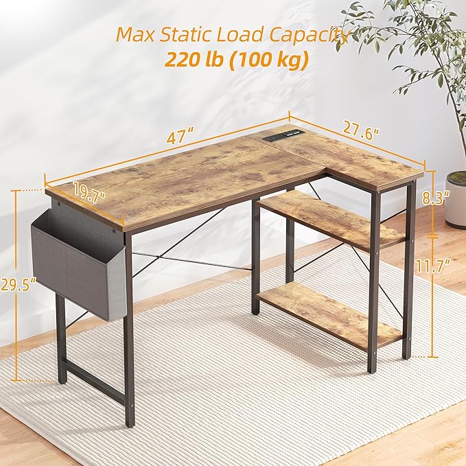 TIQLAB L Shaped Computer Desk with Power Outlets, 47 Inch Small Corner Desk with Reversible Shelves, Gaming Desk Computer Table Study Writing Desk for Home Office Small Space, Rustic Brown