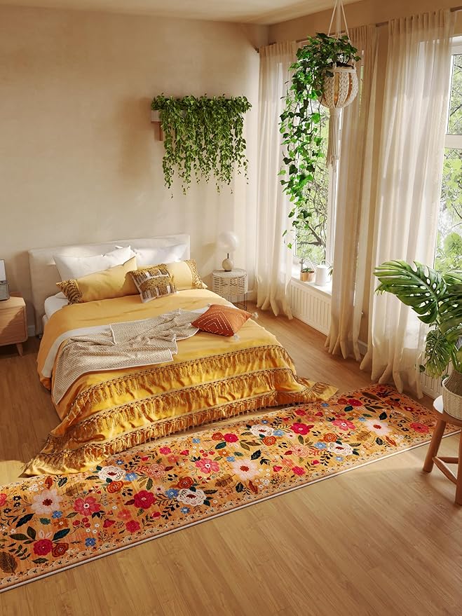Rugcomf Runners for Hallways Kitchen Runner Rug Non Slip 2'x10' Long Washable Rugs with Rubber Backing Soft Floral Carpet Runner for Hallways, Kitchen, Laundry, Bedroom, Bathroom(Yellow)