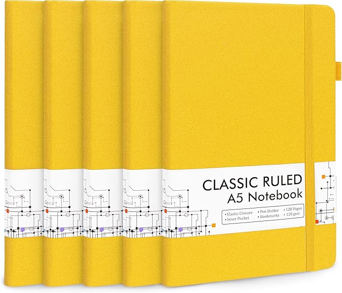 feela 5 Pack Journal Notebook Bulk for School, Hardcover Business Notebooks Classic Ruled Lined Journals with Pen Holder for Work Note Taking, with 5 Black Pens, 120 GSM, 5.1”x8.3”, A5, Yellow