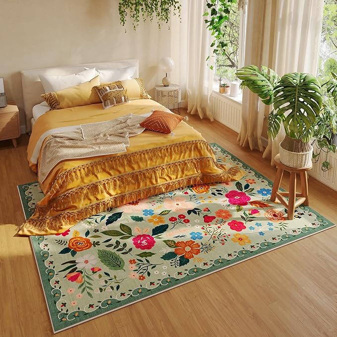 Rugcomf Area Rugs 8x10 Rug for Living Room Clearance Washable Boho Area Rug Non Slip Floral Vintage Low Pile Large Rug for Living Room, Bedroom, Farmhouse, Dining Room, Kids Playroom(Green)