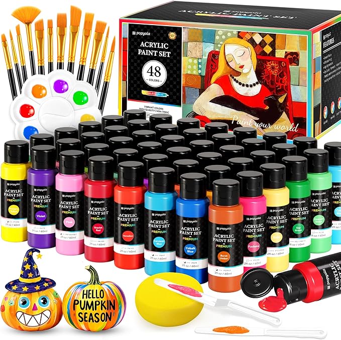 64 PCS Acrylic Paint Set with 12 Brushes, 2 Knives & Palette, 48 Colors (2oz/60ml) Art Craft Paint for Adults Kids Artists Beginners, Halloween Pumpkin Canvas Ceramic Rock Painting Kit