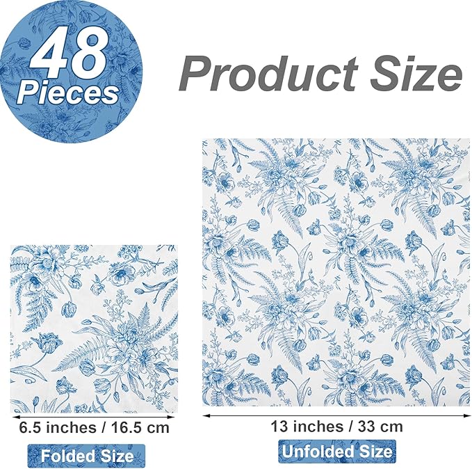Aodaer 48 Pieces Floral Paper Napkins Disposable Blue Floral Napkins Blue and White Cocktail Dinner Napkin Set 13" x 13" Unfolded Decoupage Tableware Napkins for Garden Party Supplies