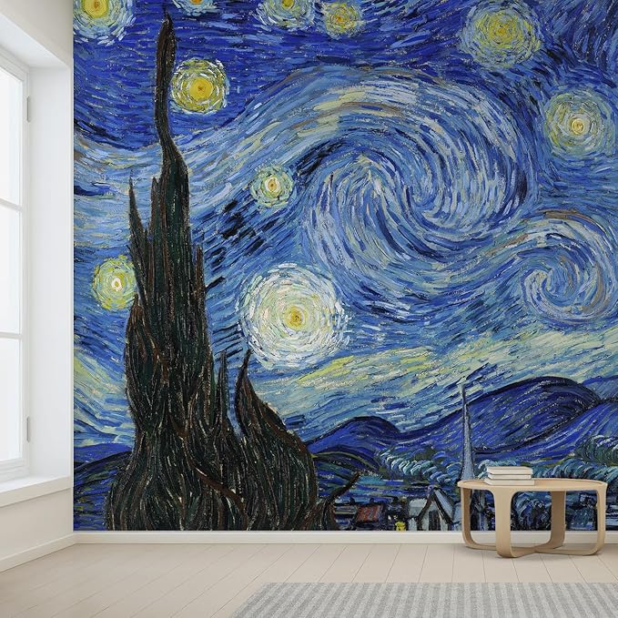 wall26 Wall Sticker/Wall Mural Starry Night by Vincent Van Gogh Dutch Impressionism, Not Peel and Stick, Non-Woven Wallpaper Decorative for Bedroom, Living Room, Office - 108x144 inches