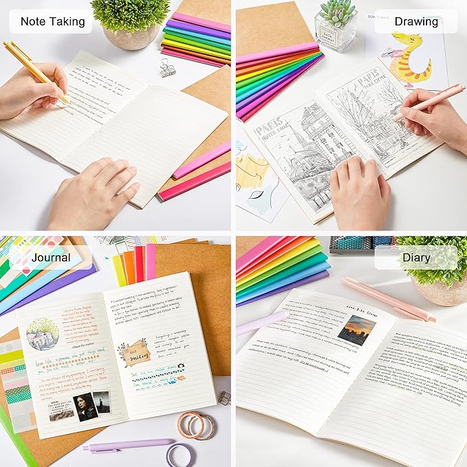 feela 80 Pack Composition Notebooks Bulk, Kraft Cover Lined Blank College Ruled Composition Travel Journals with Rainbow Spines For Women Students Business, 60 Pages, 8.3”x 5.5”, A5, 8 Colors