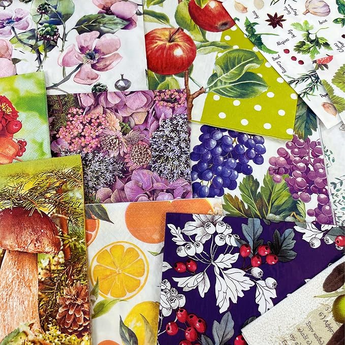 Keep Unique Mystery Pack Decoupage Paper Napkins, 20-ct Assorted Surprise Napkins, Decorative Napkins Botanical for Art Craft Junk Journal, 20 Different Designs